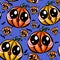 Unic digital drawn Halloween pattern with the cute orange and yellow pumpkins isolated on the blue background