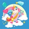 Unicorn background. Fairy tale cute little horse standing on fantasy rainbow magical birthday vector picture for girls