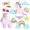 Unicorn badges set. Fashion badges with fairy tale animal, heart, star, cherry, candy and clouds. Cartoon comic style design eleme