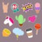 Unicorn, cactus, kiss embroidery word icons. Cute fashion girl patches vector collection