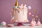 Unicorn cake on a stand decorated with sweets, stars, chocolate for baby girl birthday on a pink background with horse and