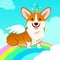 Unicorn corgi dog with horn and wings vector cartoon illustration. Cute corgi puppy in the sky with rainbow and clouds, smiling w