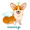 Unicorn corgi dog with horn and wings vector cartoon illustration. Cute funny corgi puppy smiling with tongue out, isolated on