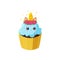 Unicorn cupcake with blue icing. Fairy kawaii muffin in paper cup. Tasty dessert with horn and ears. Vector illustration