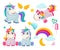 Unicorn. Cute magic animals happy birthday symbols little pony baby horse vector colored cartoon pictures