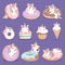 Unicorn donuts. Cute face and characters of magic rose little pony unicorn with cakes donuts ice cream vector dessert