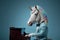 a unicorn dressed as a jazzman play, created with Generative AI technology