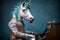 a unicorn dressed as a jazzman play, created with Generative AI technology