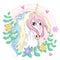Unicorn face. Beautiful pony unicorns faces, magic horn in rainbow flower wreath and pony cute eyelashes head, fairytale rainbow