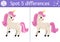 Unicorn find differences game for children. Fairytale educational activity with horse with horn. Cute puzzle for kids with funny