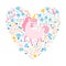 Unicorn in a flower fairy forest. Heart card frame. Vector cartoon cute characters, simple childish hand-drawn