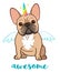 Unicorn french bulldog with rainbow horn and wings vector cartoon illustration. Cute funny chubby puppy isolated on white.