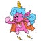 The unicorn with the happy laughing face is flying as a superhero, doodle icon image kawaii