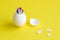 Unicorn hatching from egg against yellow background minimal easter creative concept