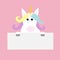 Unicorn head face hanging on paper board template. Pastel color rainbow hair. Flat lay design. Cute cartoon kawaii baby character.