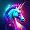 Unicorn head in neon light. Elegant fantasy animal. 3d render Generative AI