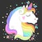 Unicorn head with rainbow hair. White unicorn face with raibow hair