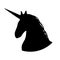 Unicorn head silhouette. Black mythical horse with proud sharp horn wild and freedom loving.