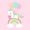 Unicorn Holding Present Over Rainbow Birthday Card. Happy Little Pony Fly on Balloon. Child Holiday Greeting Magic
