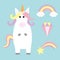 Unicorn holding rainbow cloud comet meteor shooting falling star diamond brilliant set. Kawaii face. Pastel color. Flat lay design