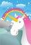 Unicorn on landscape. Rainbow, Fields and meadows. Clouds and sk