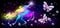 Unicorn with luxurious winding mane, glowing star on horn and flying butterflies against the background of fantasy universe with