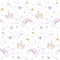 Unicorn magic pattern background with rainbow, stars and diamonds. For print and web.