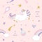 Unicorn magic seamless pattern background with rainbow, stars and diamonds on pastel pink. For print and web.