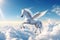 A unicorn, Majestic Pegasus horse flying high above the clouds. Flight of the Pegasus. Generative Ai