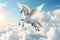 A unicorn, Majestic Pegasus horse flying high above the clouds. Flight of the Pegasus. Generative Ai