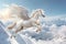 A unicorn, Majestic Pegasus horse flying high above the clouds. Flight of the Pegasus. Generative Ai