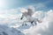 A unicorn, Majestic Pegasus horse flying high above the clouds. Flight of the Pegasus. Generative Ai