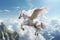 A unicorn, Majestic Pegasus horse flying high above the clouds. Flight of the Pegasus. Generative Ai