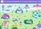 Unicorn maze for kids with fantasy country map, castle, fairy house. Magic world preschool printable activity with mountains, pond