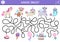 Unicorn maze for kids with fantasy horse with horn running to rainbow. Magic world preschool printable activity with stars. Simple