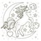 Unicorn on the moon among the stars. Linear drawing for coloring. Vector