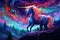 Unicorn in the night starry sky. Fantasy illustration, Pointillism space unicorn majestic colorful stars magical fantasy, AI