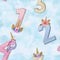Unicorn Number Alphabet On soft watercolor blue background seamless pattern