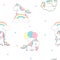 Unicorn Over Rainbow Children Seamless Pattern for Wrap Paper. Happy Little Pony Fly on Balloon. Child Holiday Greeting