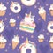 Unicorn pattern. Dessert decoration magic pony with cupcakes donut sweets vector celebration seamless background