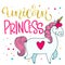 Unicorn Princess hand drawn isolated colorful gold foil calligraphy text cute doodle cartoon Unicorn illustration.