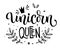 Unicorn Queen hand drawn moderm isolated calligraphy text with floral elements, stars, crawn decor.