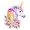 Unicorn with rainbow mane and pink flowers, watercolor animal, floral boho illustration,