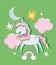 Unicorn with rainbow mane and tail crown clouds stars bright fantasy cartoon