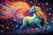 Unicorn with rainbow mane and tail on starry sky background, Pointillism space unicorn majestic colorful stars magical fantasy, AI