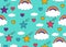 Unicorn, rainbow, sweets and other objects seamless pattern with light pink background. Cute magic ornament for textile, fabric,