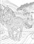 Unicorn Running Away Form Village With Large Trees Colorless Line Drawing. Mythical Horned Horse Runs Out Of Town With