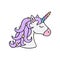 Unicorn`s head with purple mane and rainbow horn