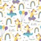 Unicorn seamless pattern with unique character, balloon, rainbow, and plane. Design for kids and baby fashion textile print