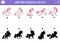 Unicorn shadow matching activity with cute horses with horns and pink mane. Magic world puzzle with cute characters. Find correct